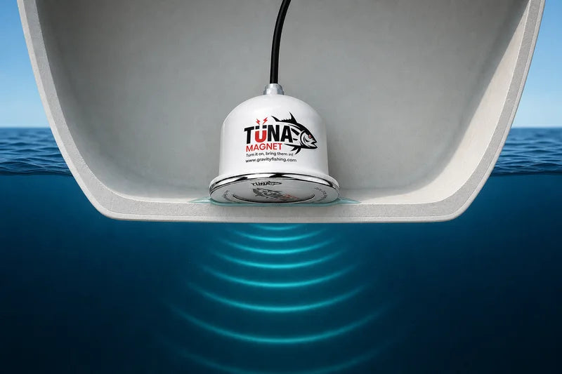 Cutaway showing the Tuna Magnet mounted inside a fiberglass hull with sound transferring into the water