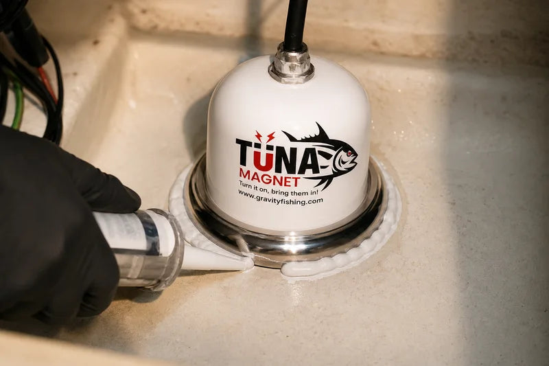 Marine sealant applied around a stainless steel mounting ring