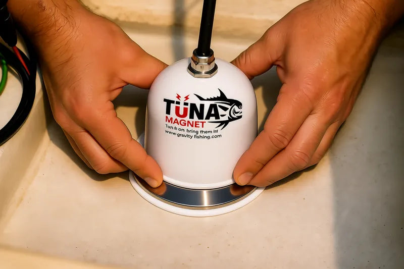Tuna Magnet pressed firmly against a fiberglass hull